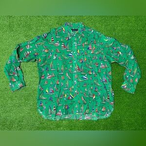 Vintage Ralph Lauren Shirt XXL Green Sailboat Nautical Linen AOP Button Down